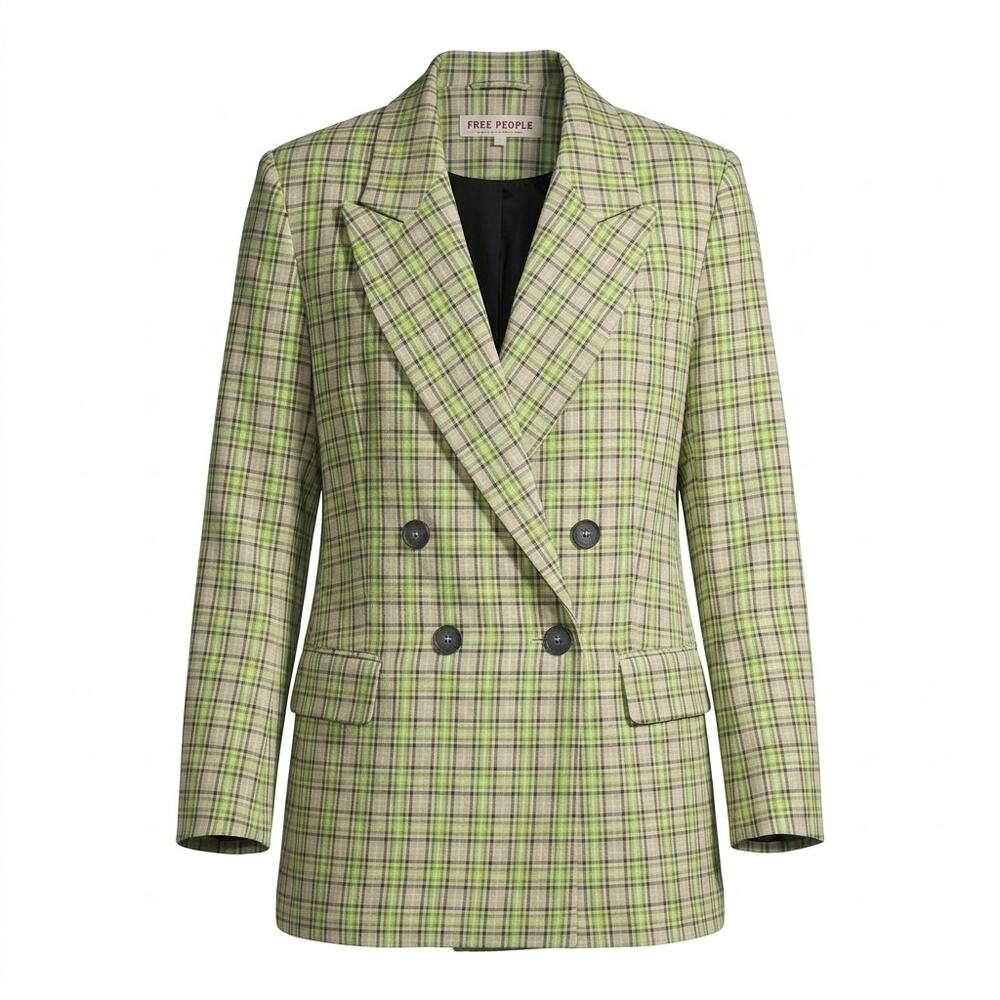 Free People Green Plaid Double Breasted Blazer Jacket Women Size M